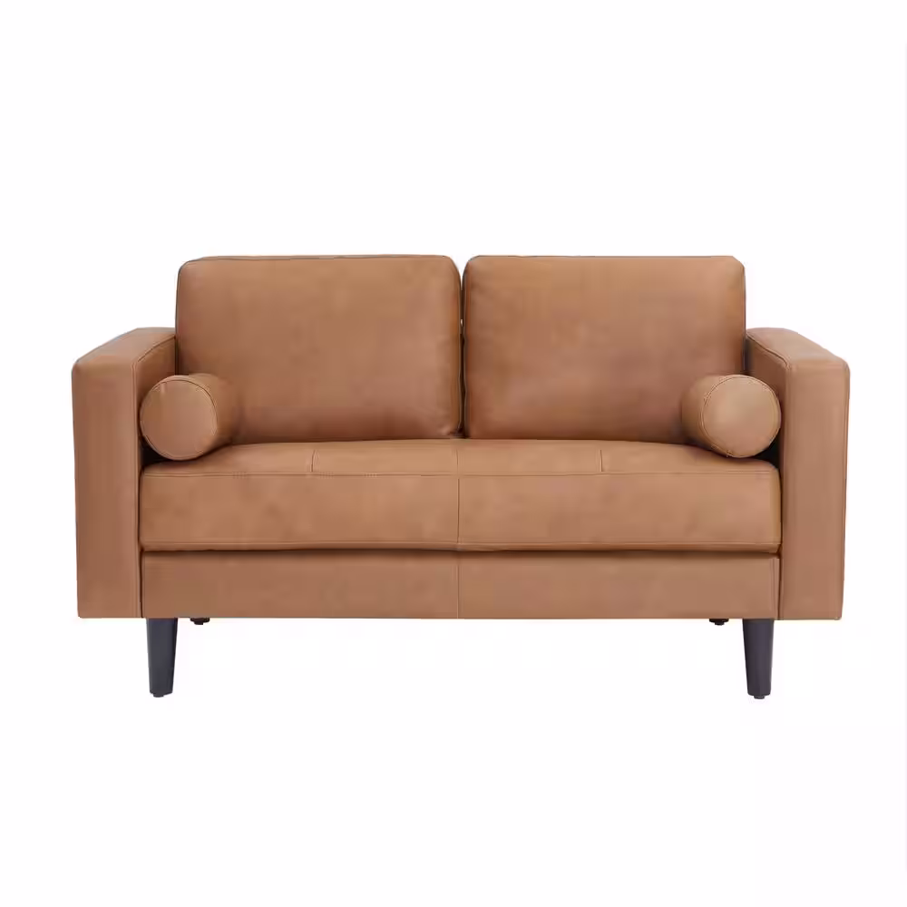 None Tan Top Grain Genuine Mid-Century Leather Loveseat, Sectional Mini Sofa, Small Sofa Bed