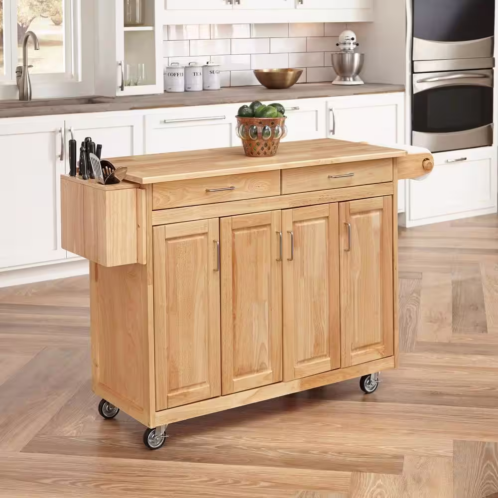 HOMESTYLES Natural Wood Kitchen Cart with Breakfast Bar