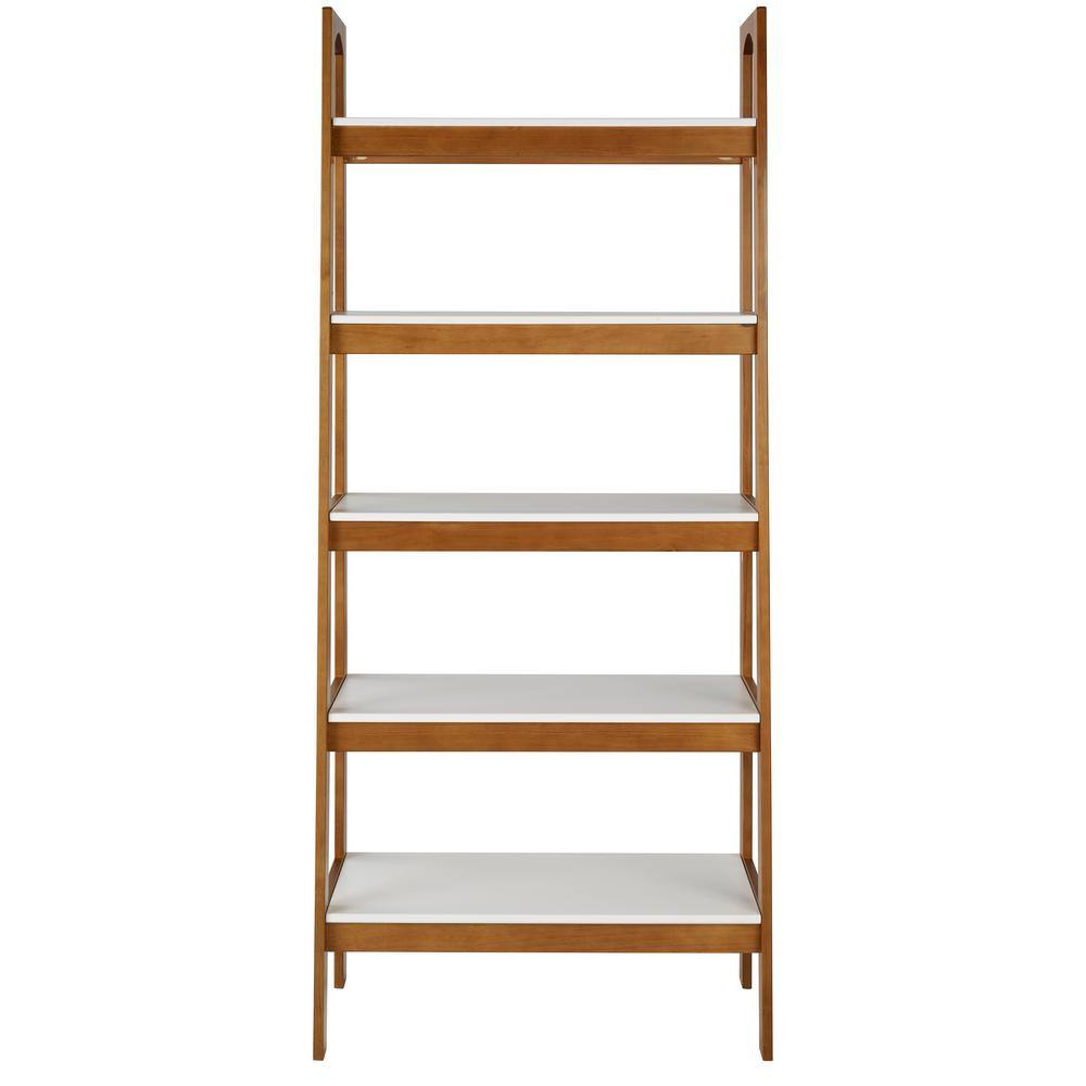 Camaflexi Mid Century Modern 74 in. White / Castanho Wood 5-Shelf Open Bookcase with Solid Wood Frame