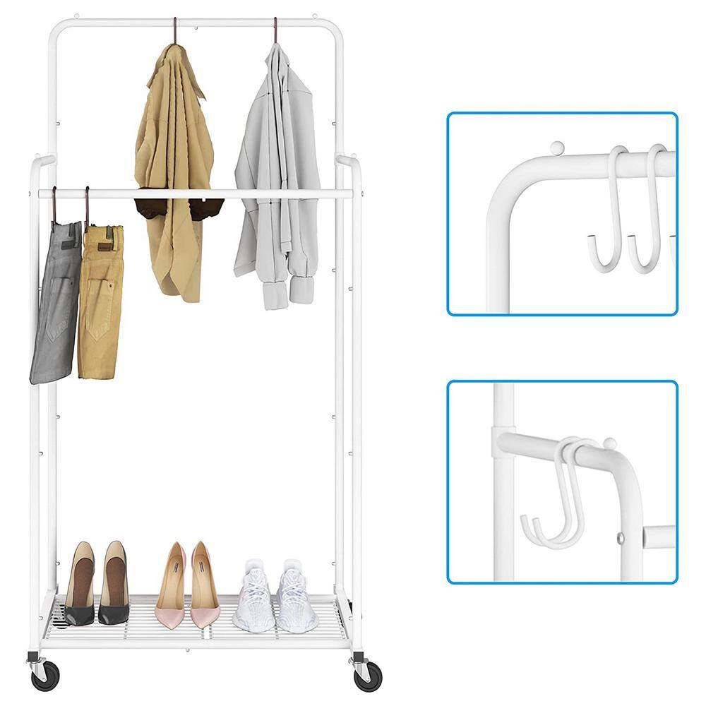 None White Metal Garment Clothes Rack Double Rods 28.5 in. W x 59.6 in. H