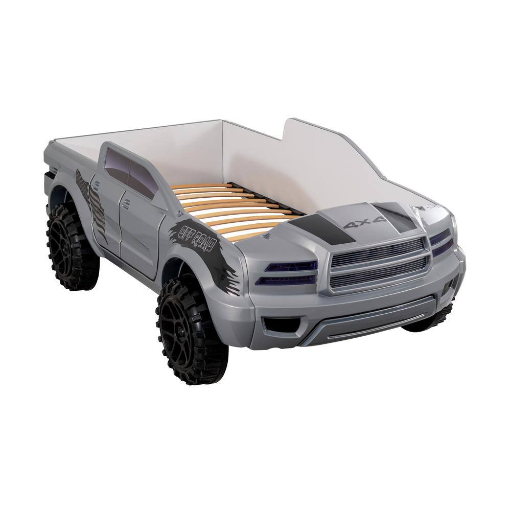 Furniture of America Justin Gray Twin Rugged Pick-Up Truck Kids Bed with LED Lights