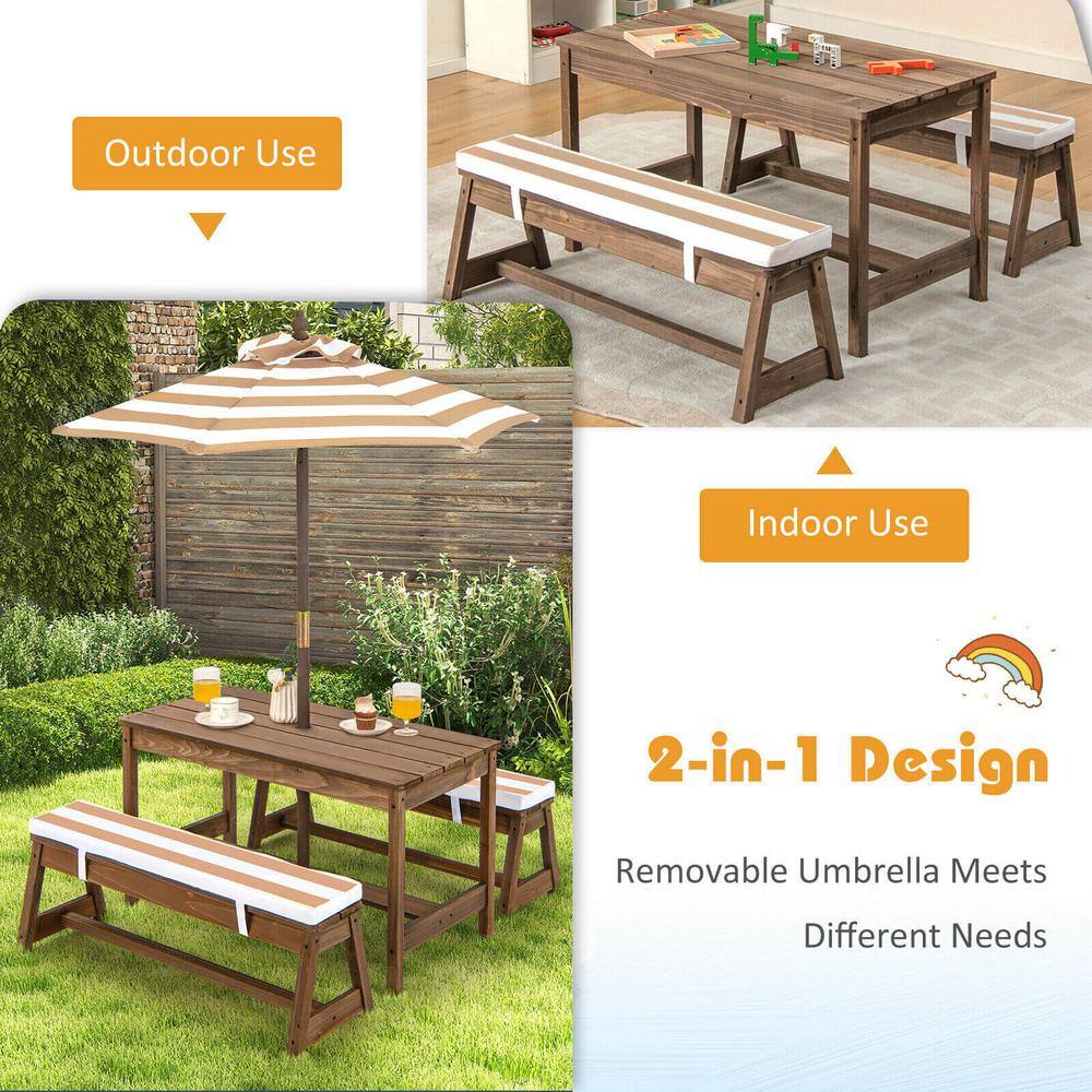 ANGELES HOME 35 in. Brown Rectangle Fir Wood Kids Picnic Table and Chairs with Cushions and Height Adjustable Umbrella