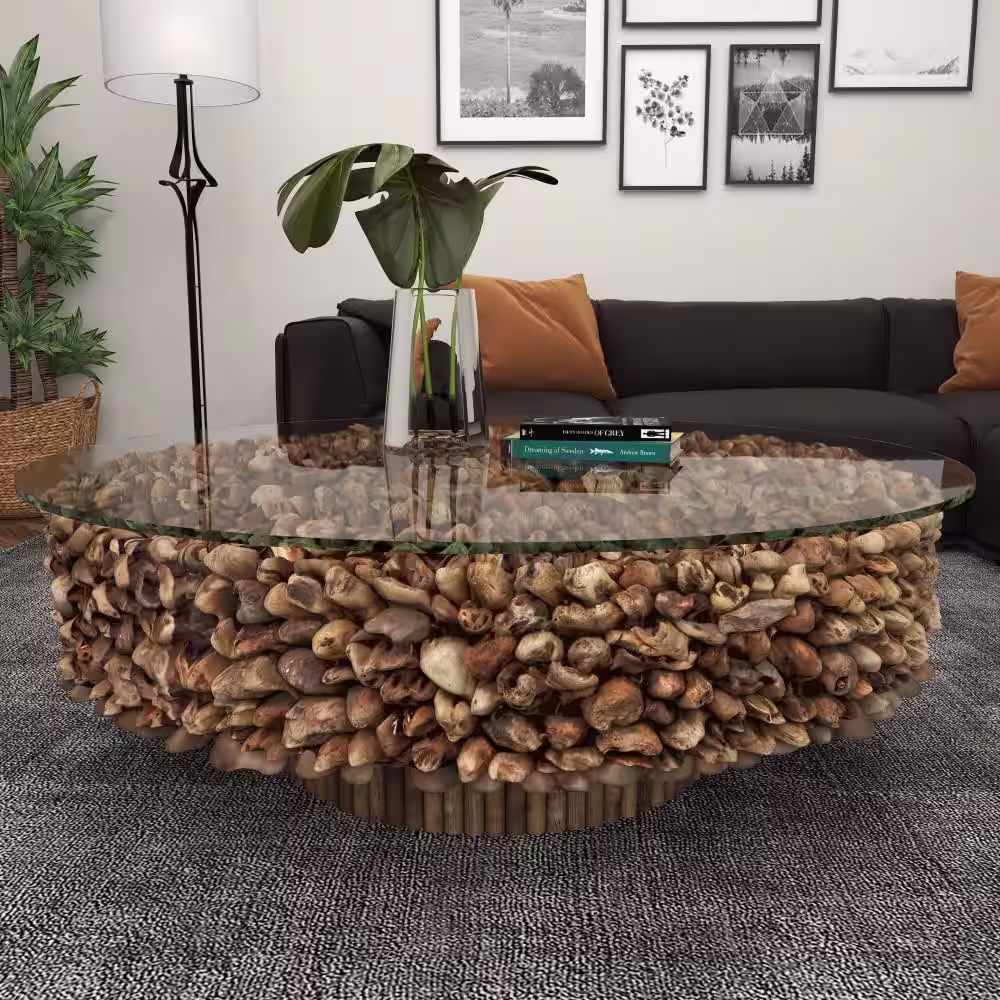 Litton Lane 48 in. Brown Medium Round Driftwood Handmade Collage and Pedestal Base Coffee Table with Tempered Glass Top