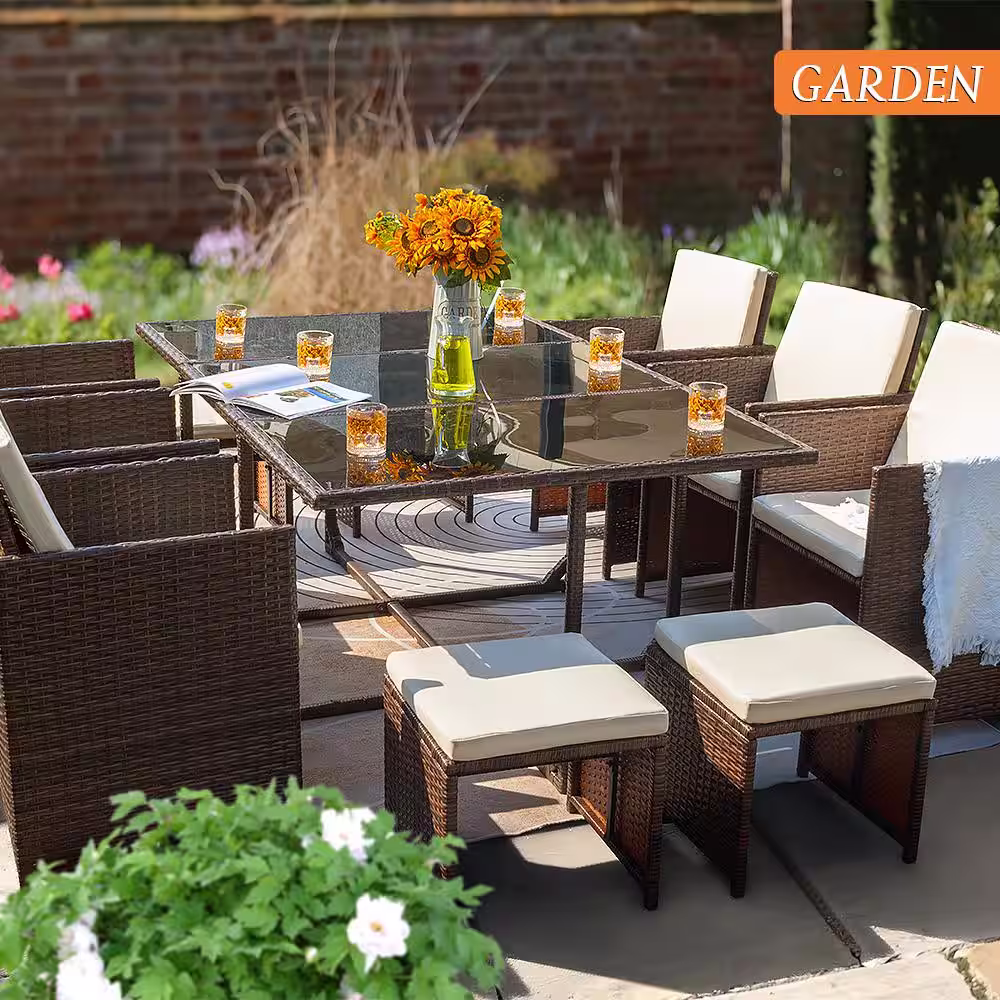 Tozey Brown 11-Piece Rattan Wicker Outdoor Dining Set with Washed Beige Cushion and Glass Table