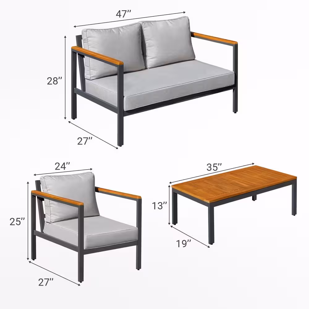 Tozey Chillrest Deluxe 4-Piece Acacia and Steel Patio Conversation Set with Ice Gray Cushion