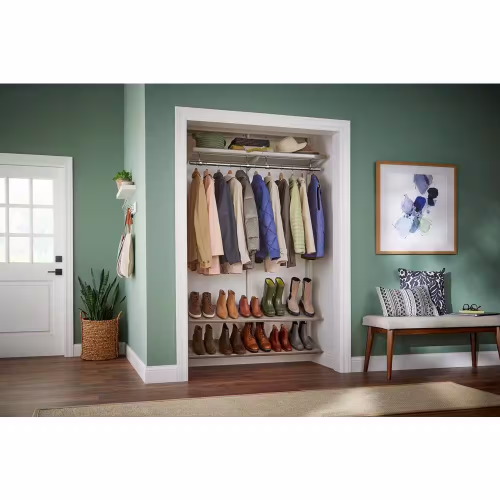 Everbilt Genevieve 4 ft. White Adjustable Closet Organizer Long Hanging Rod with 2 Shoe Racks