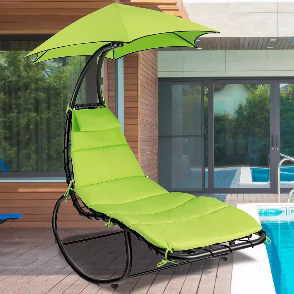 SUNRINX 6 ft. Free Standing Patio Hammock Chair Floating Hanging Chaise Lounge Chair with Green Canopy and Built-in Pillow