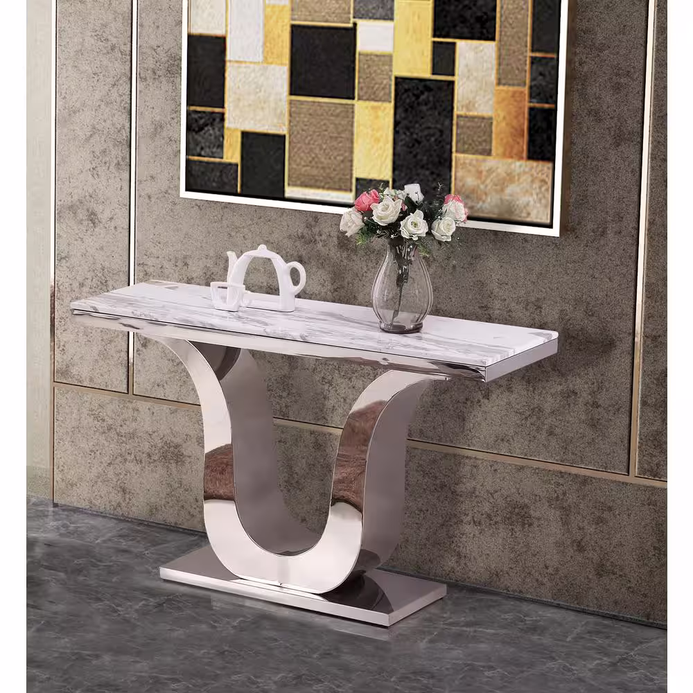 None Eric 60 in. White Marble Rectangle Top with Stainless Steel Base Console Table