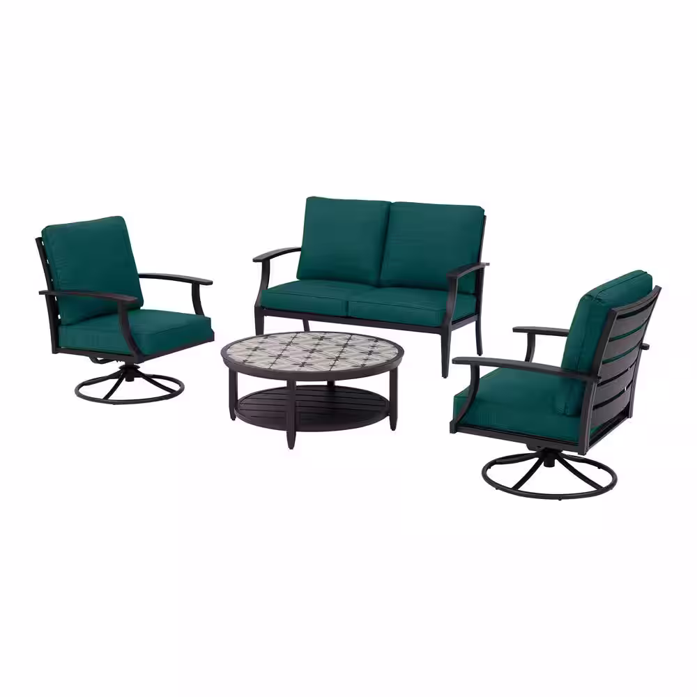 Hampton Bay Ellington 4-Piece Steel Outdoor Seating Set with CushionGuard Malachite Green Cushions