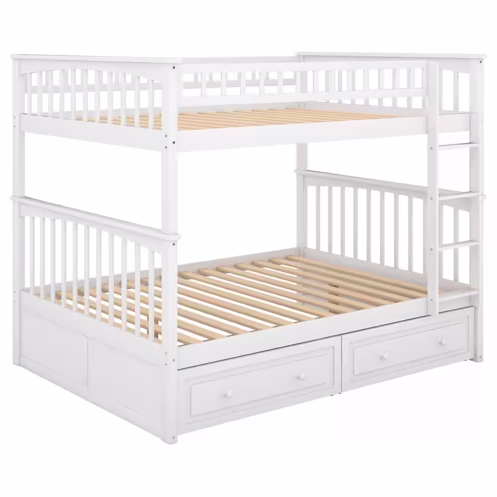 Harper & Bright Designs White Full Over Full Wood Bunk Bed with 2-Drawers