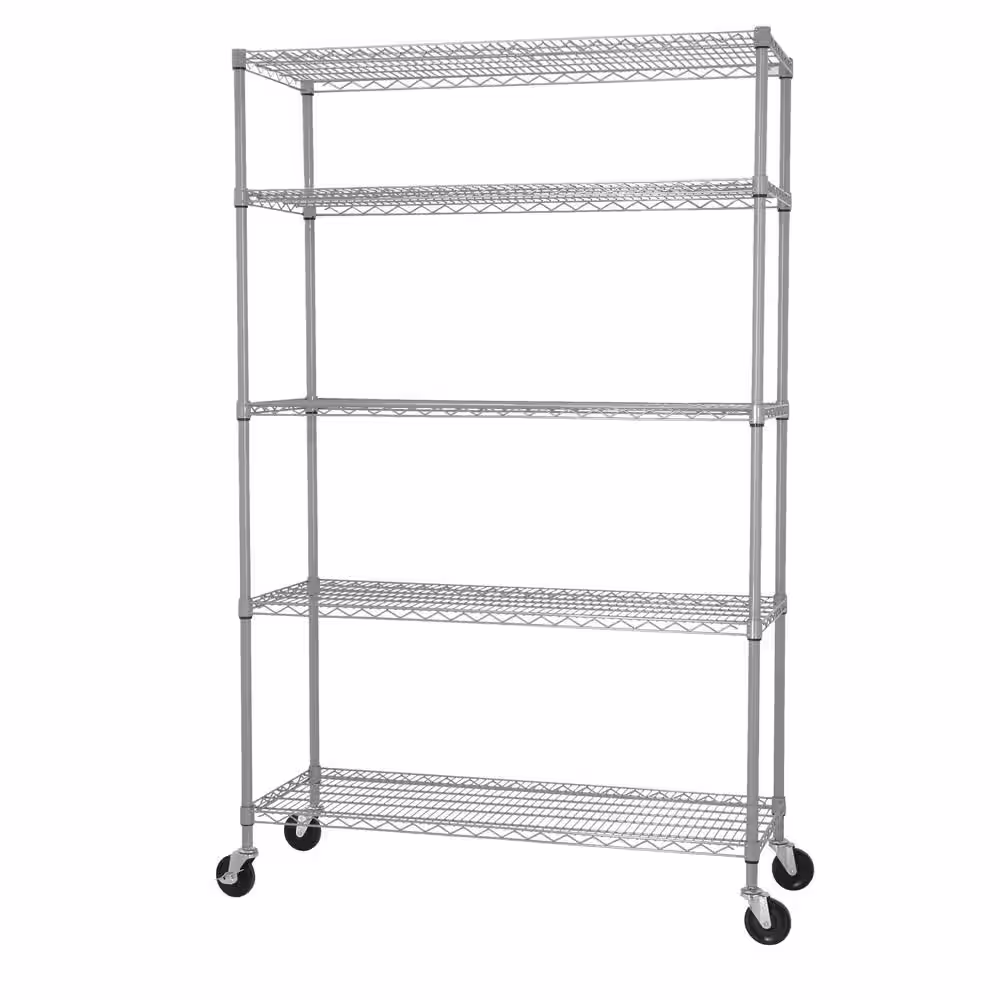 TRINITY Gray 5-Tier Rolling Steel Wire Shelving Unit (48 in. W x 77 in. H x 18 in. D)