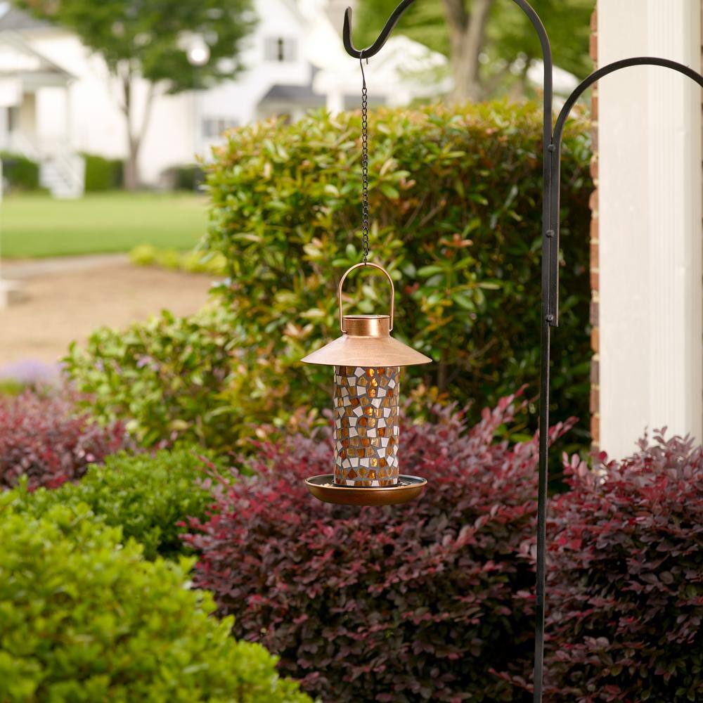 Smart Solar Adelie Mosaic Glass and Distressed Copper Bird Feeder with Integrated LED Solar Powered Light