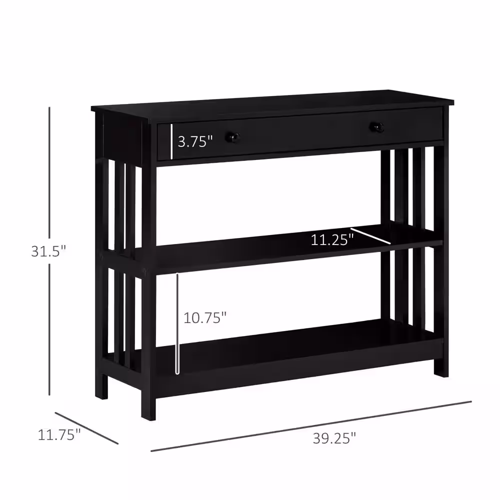 HOMCOM Modern 39.25 in. Black Rectangle Wood Console Table with Shelves