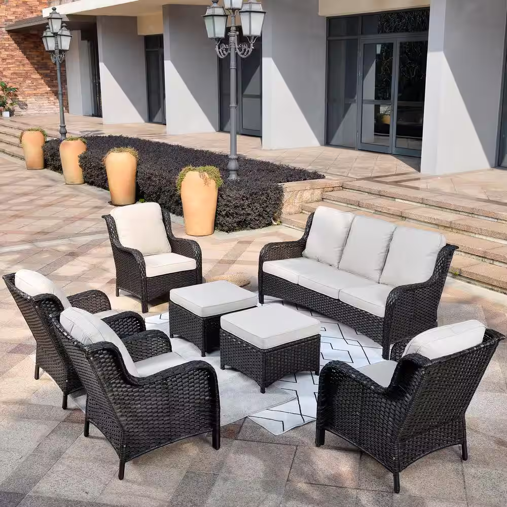 XIZZI Erie Lake Brown 7-Piece Wicker Outdoor Patio Conversation Seating Sofa Set with Beige Cushions