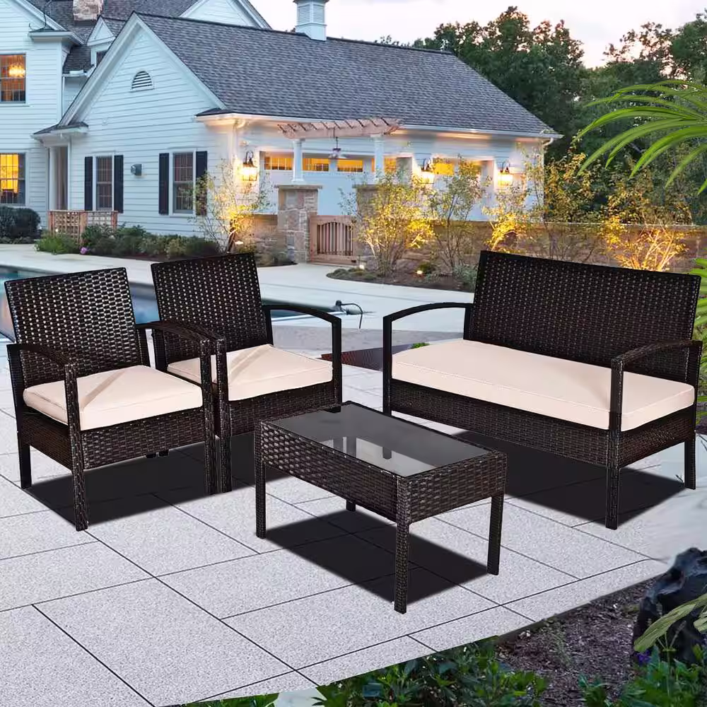 SUNRINX 4-Piece Brown Wicker Outdoor Patio Furniture Set with Beige Cushion