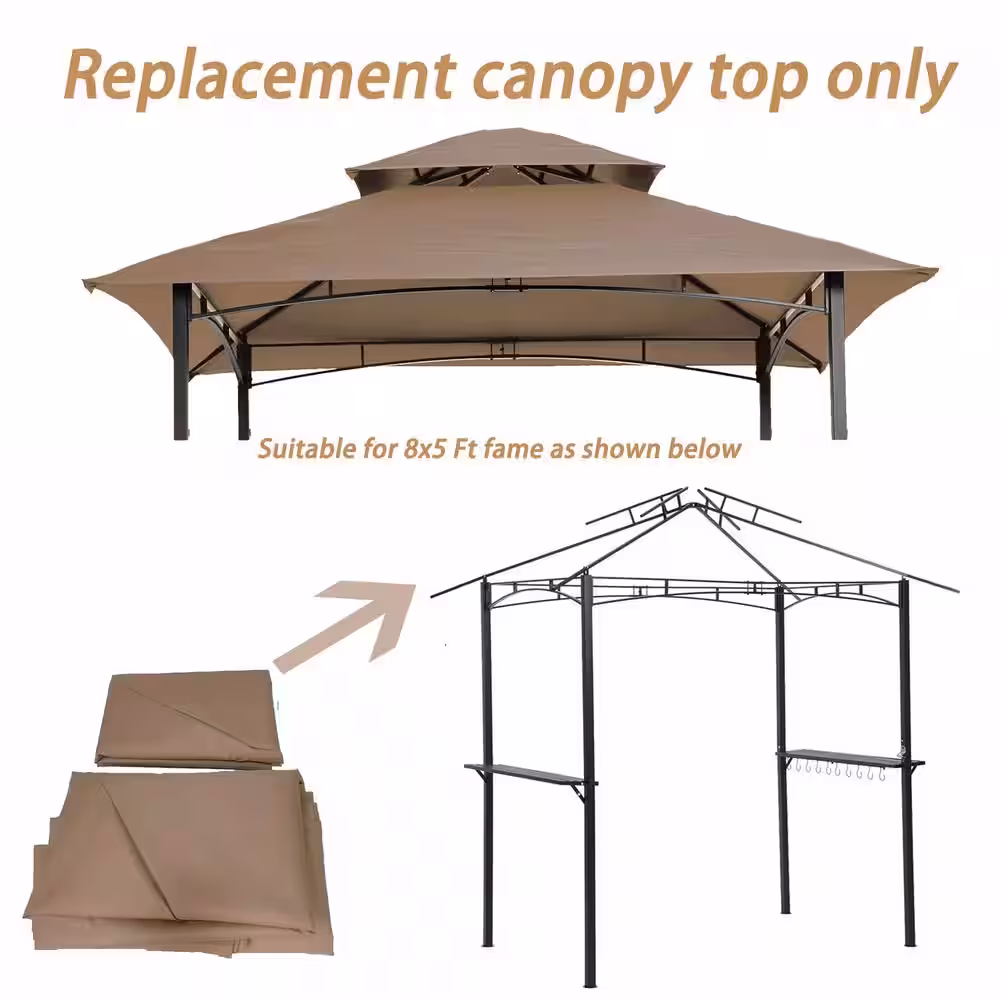 None 8x5Ft Grill Gazebo Replacement Canopy, Double Tiered BBQ Tent Roof in taupe