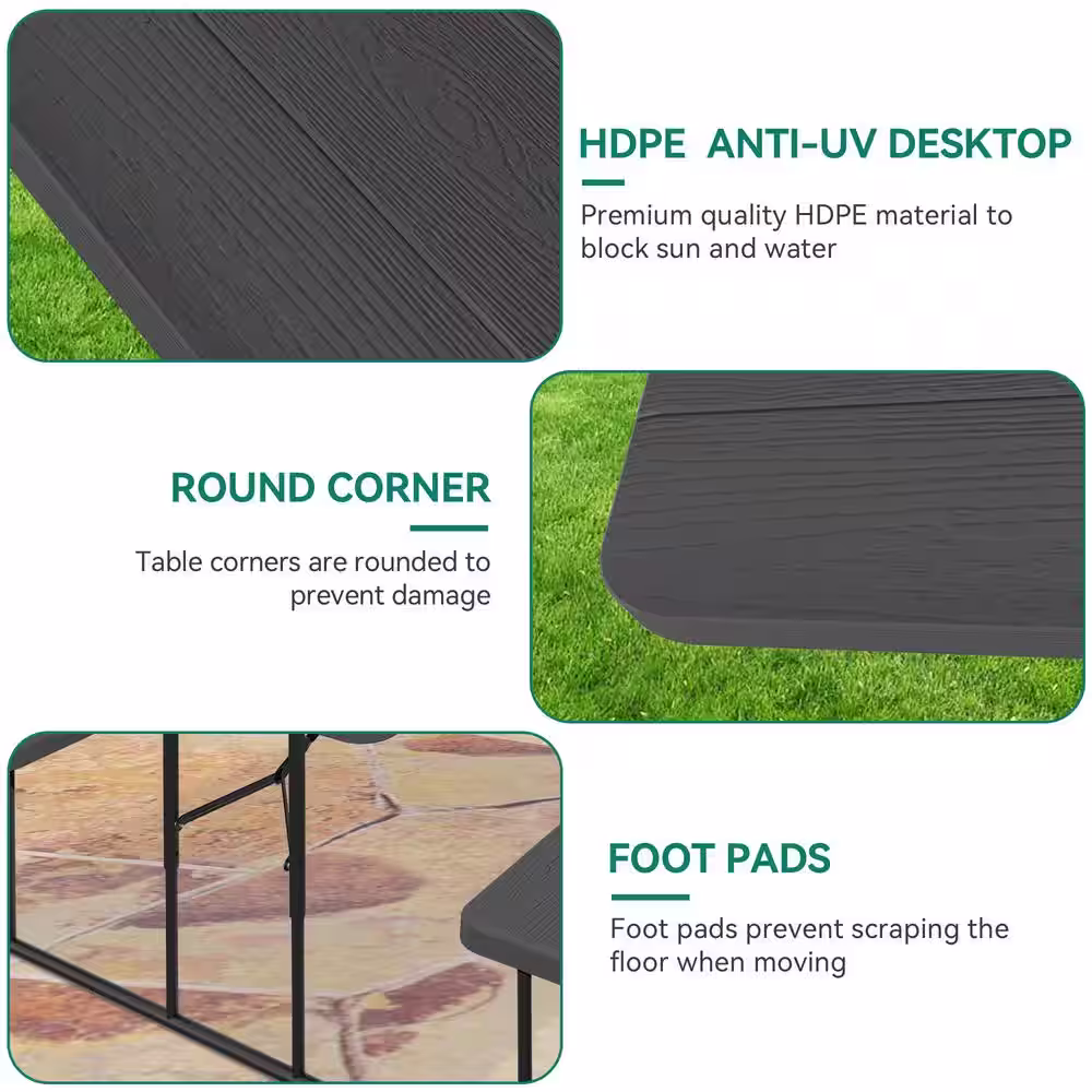 None 6 ft. Black Rectangular HDPE Folding Picnic Table and Bench with Umbrella Hole