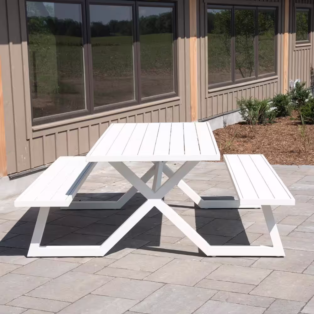 None Banquet White Rectangle Aluminum Picnic Table with Attached Bench Seating