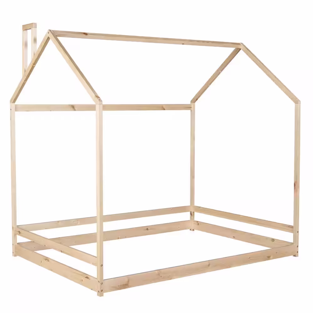 Qualler Natural Full Size Wooden House Bed with Roof