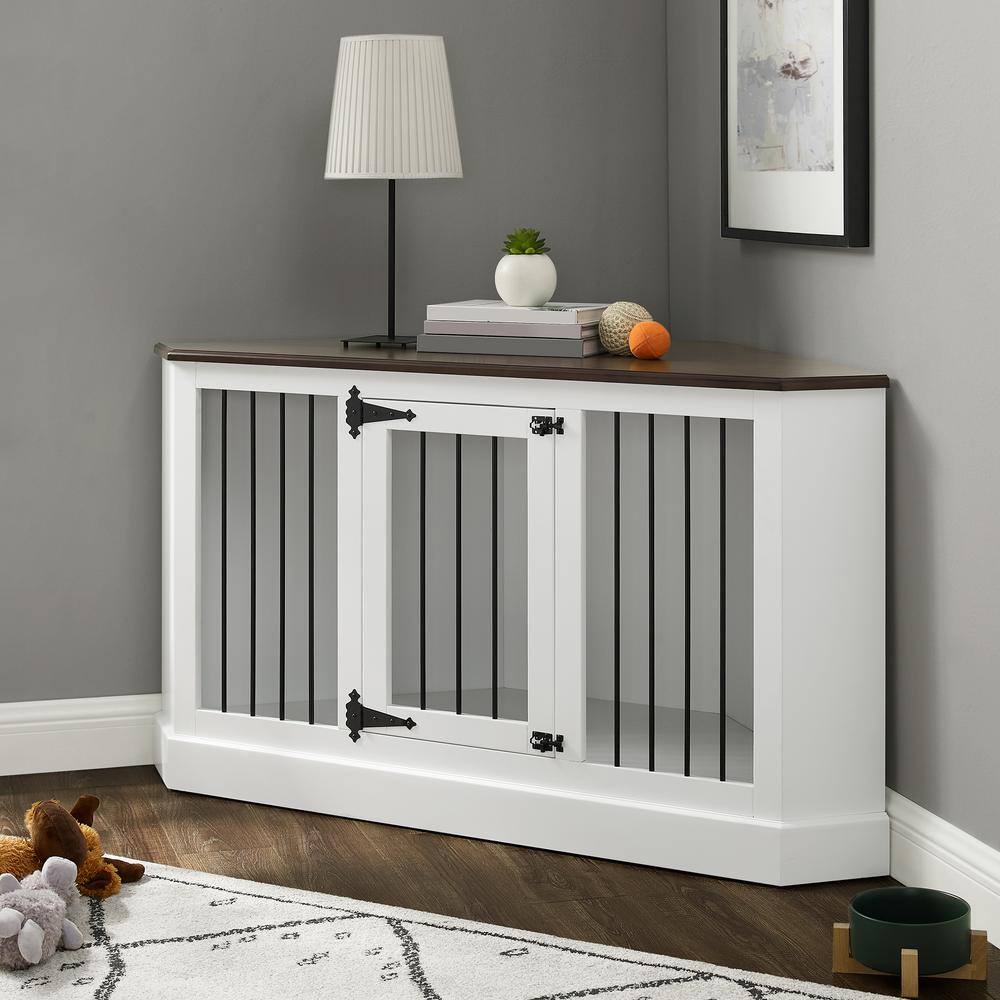 CROSLEY FURNITURE Winslow 53.25 in. White Triangle Composite Top Console Table with Dog Crate