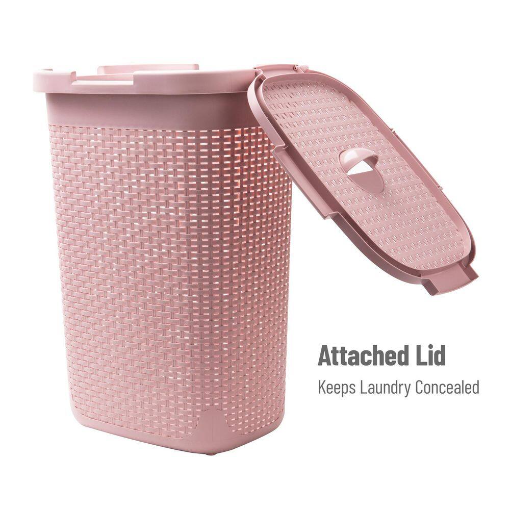 Mind Reader Basket Collection, Plastic Slim Laundry Hamper, 60 Liter (15kg/33lbs) Capacity, Attached Hinged Lid, Set of 2, Pink