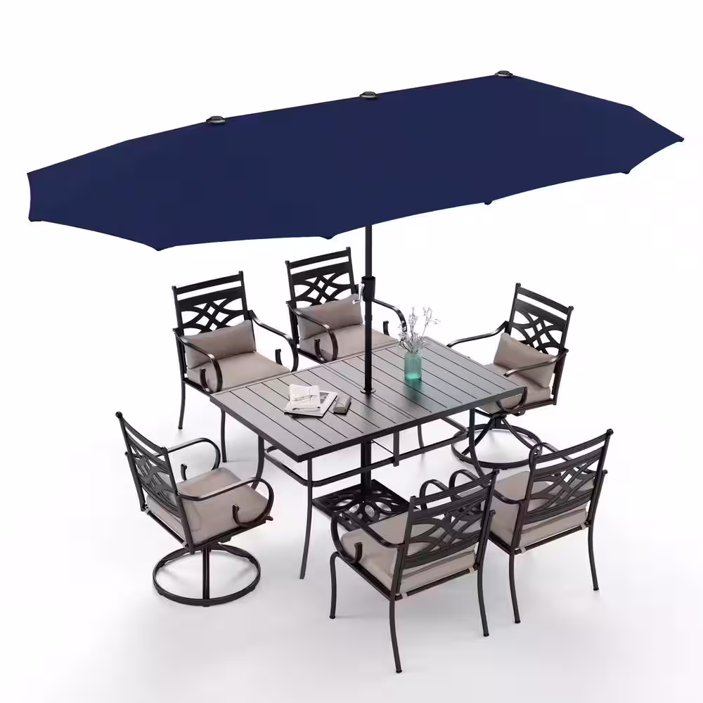 None 8-Piece Metal Outdoor Dining Set with Beige Cushions and Navy Blue Umbrella