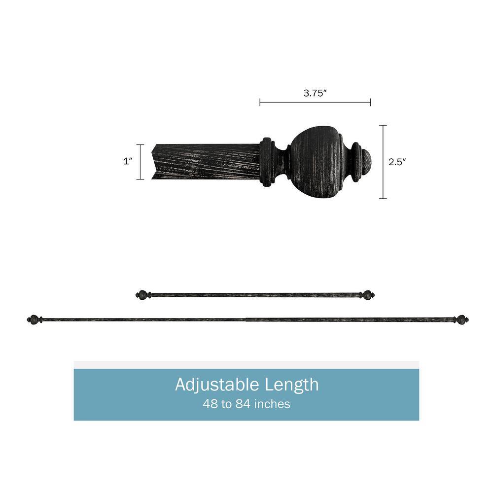 None 1 in. Telescoping 48 in. to 84 in. Single Curtain Rod - Modern Urn Finals and Mounting Hardware in Black