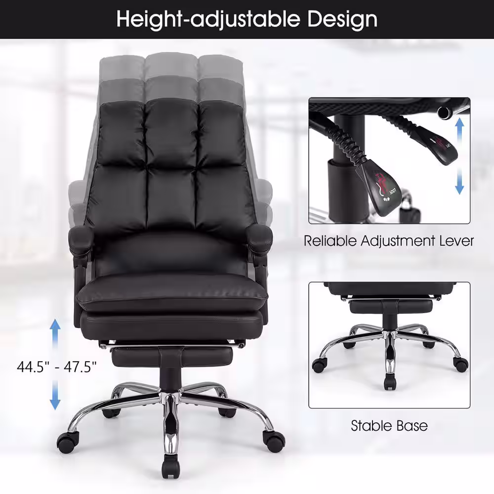 None Faux Leather High Back Reclining Office Chair Ergonomic Computer Desk Chair in Black with Footrest and Pad