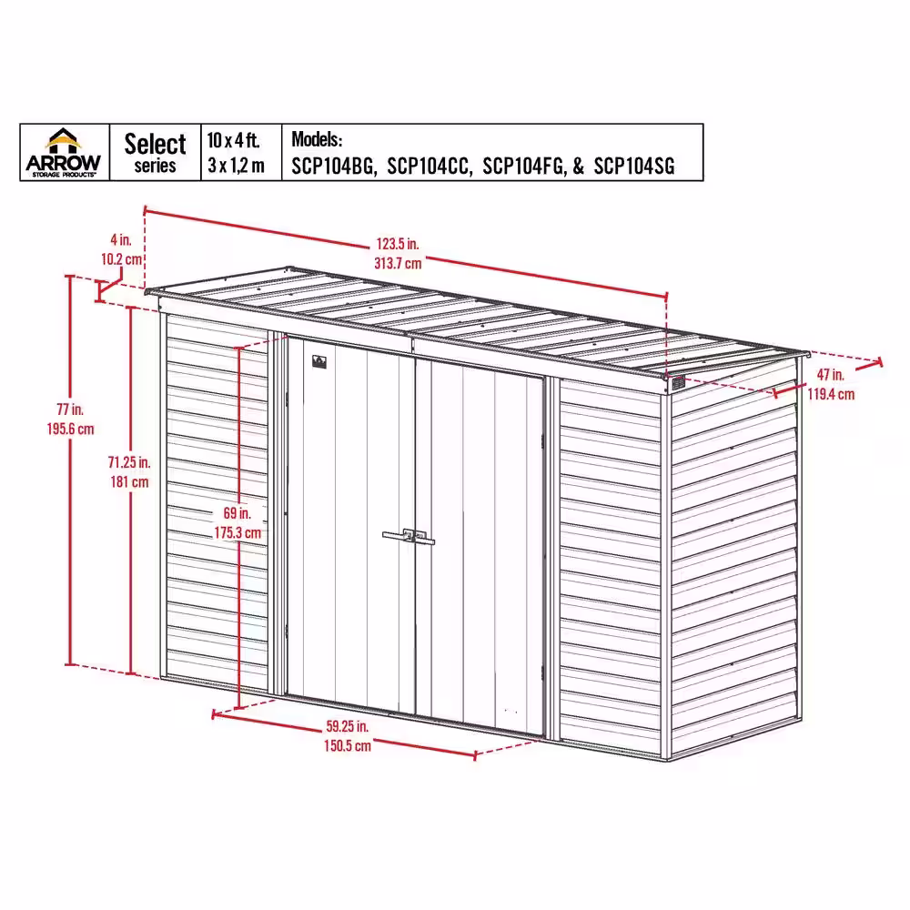 Arrow Select 10 ft. W x 4 ft. D Sage Green Metal Shed (35 sq. ft.)