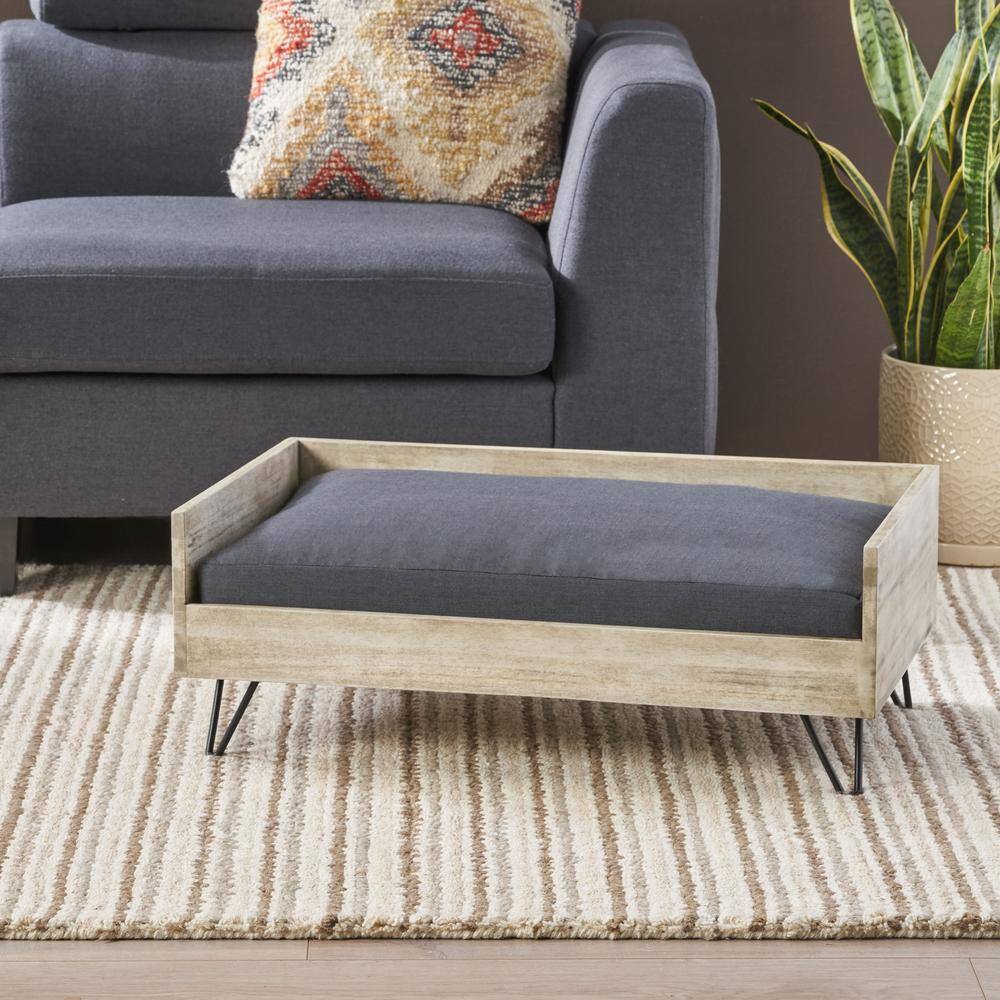 Noble House Bonneville Medium Light Grey Wash Wood Bed with Grey Cushions