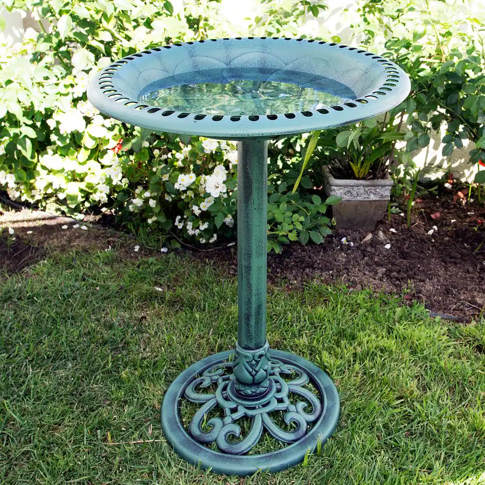 Alpine Corporation 28 in. Tall Outdoor Birdbath with Scrollwork Decoration Yard Statue