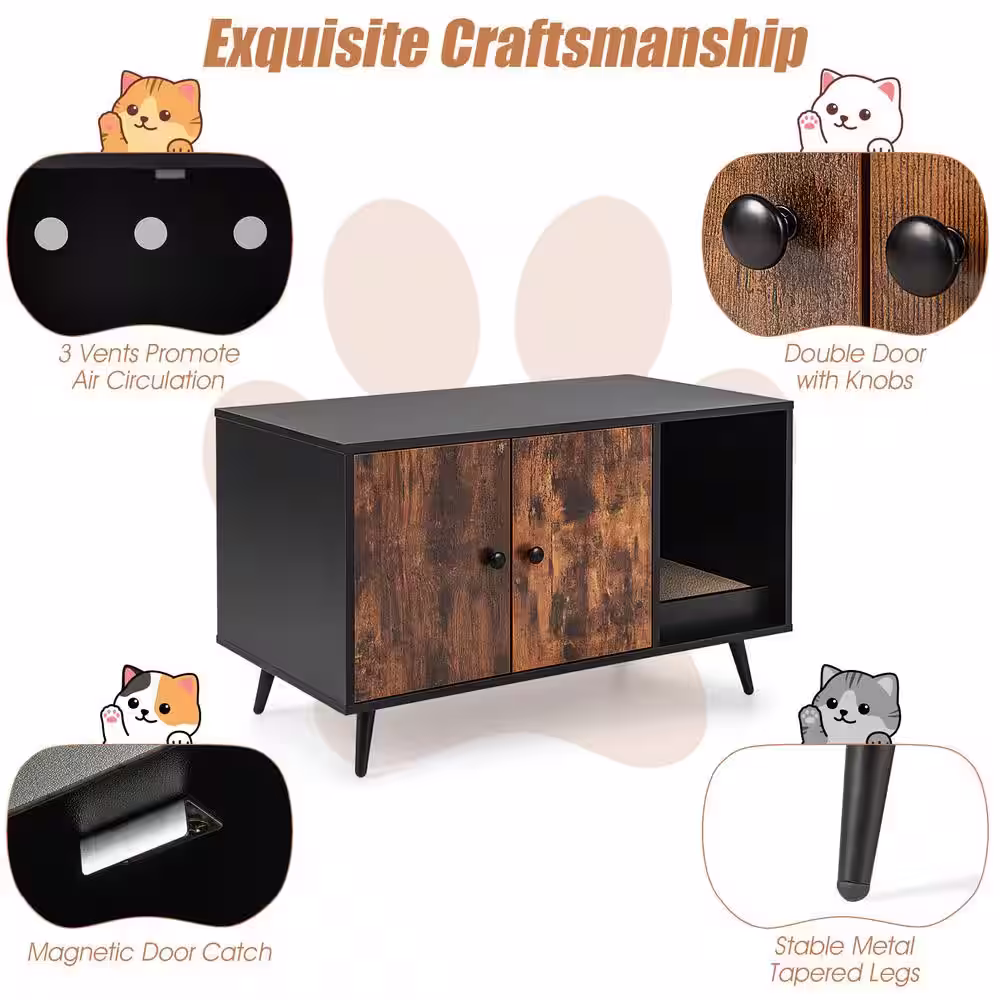 None 35 1/2 in. x 20 in. MDF Cat Litter Box Enclosure in Black and Brown