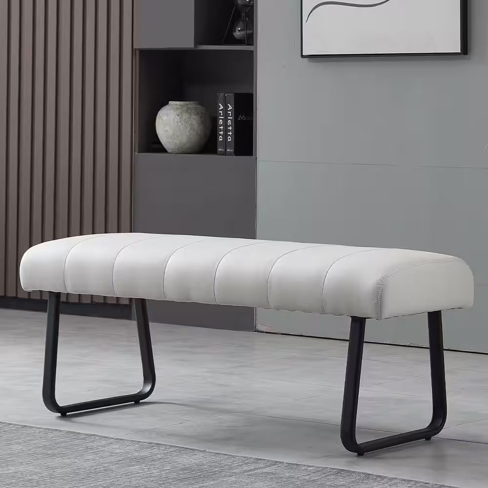 GOJANE Modern White Dining Bench Backless with Metal Legs 47.2 in. (White)