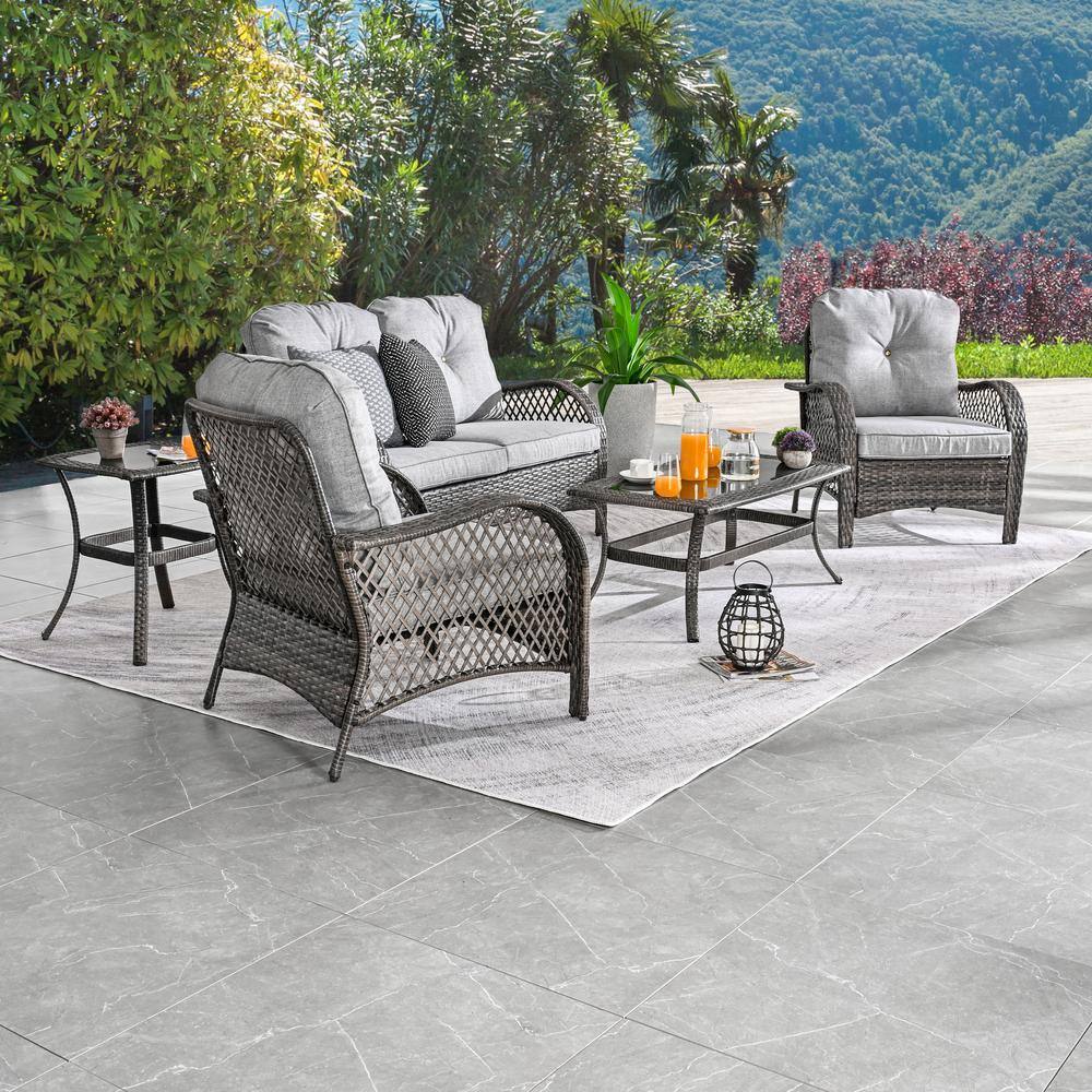 Patio Festival 5-Piece Wicker Patio Conversation Set with Gray Cushions