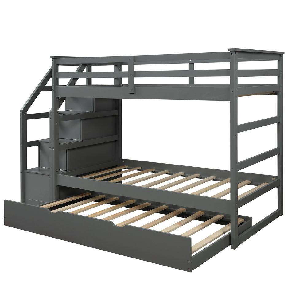 Qualler Gray Twin Over Twin Bunk Bed with Twin Size Trundle and 3-Storage Stairs