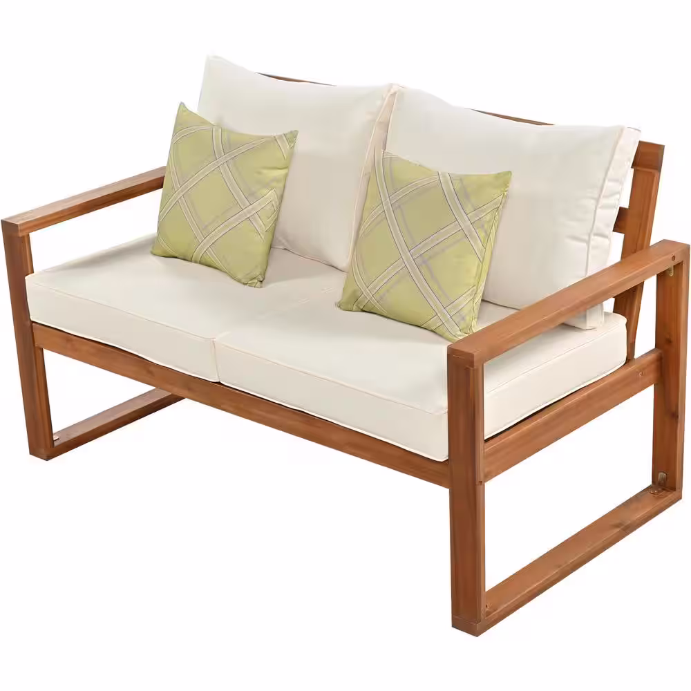 None 6-Piece Acacia Wood Patio Conversation Sectional Seating Set with Beige Cushions and Ottomans