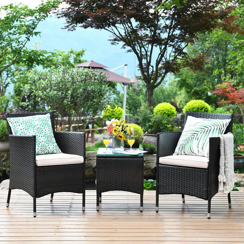 Costway 3-Piece Wicker Patio Conversation Set with Beige/Tan Cushions