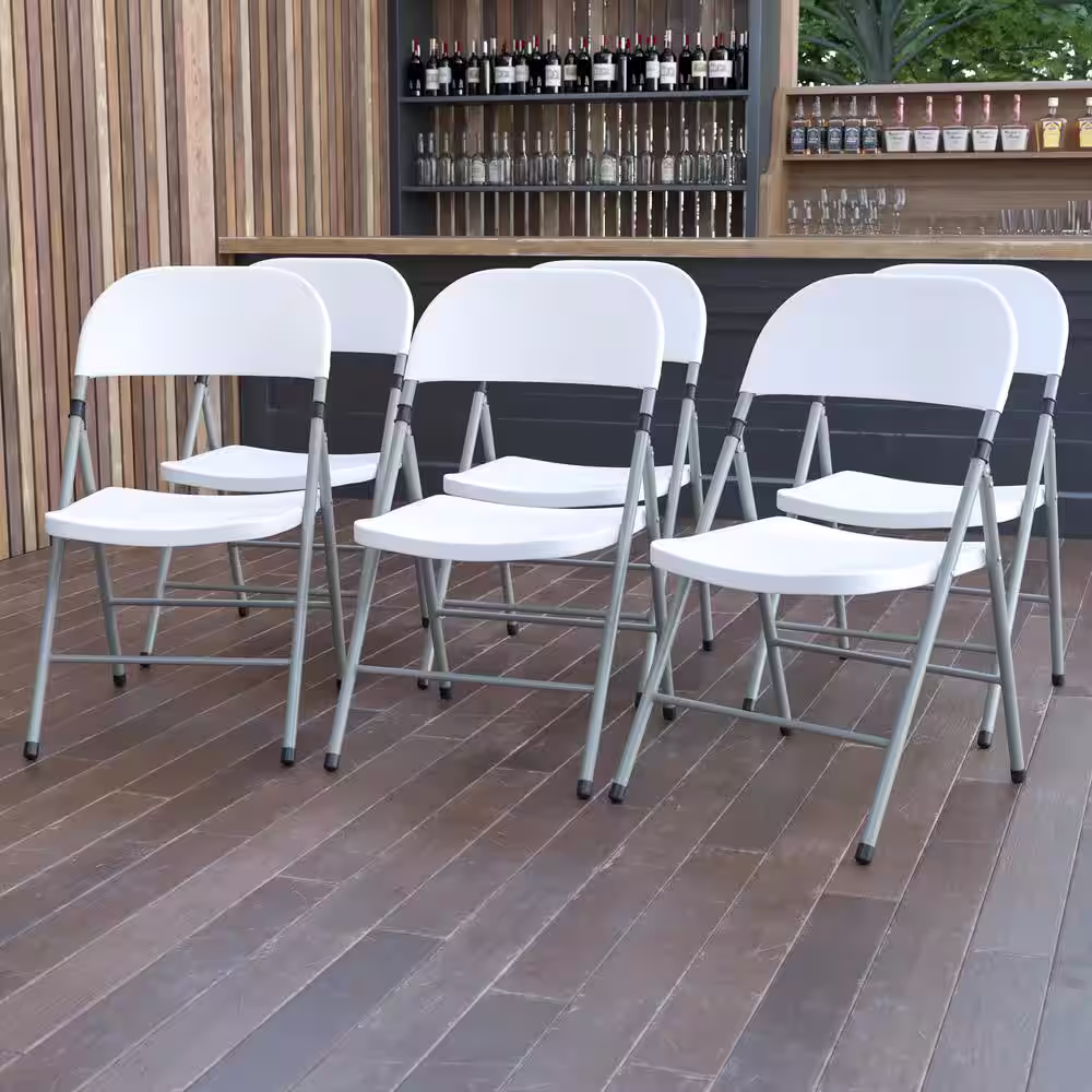 Flash Furniture White Plastic Seat with Metal Frame Folding Chair (6-Pack)