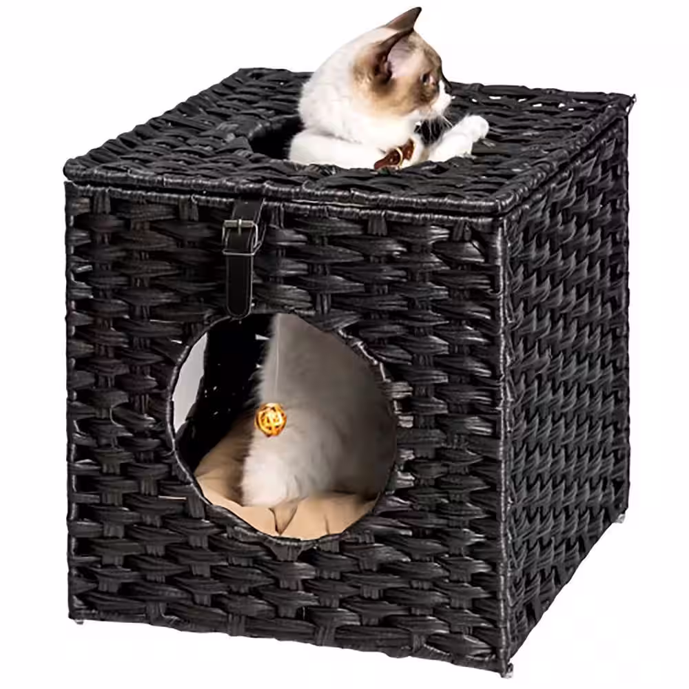 Foobrues Rattan Cat Litter Cat Bed Cat House in Black