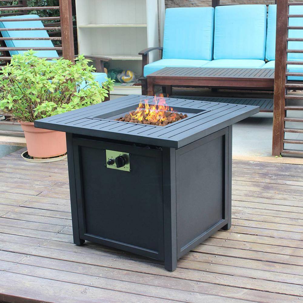 None 28 in. Metal Slat Top Gas Fire Pit Table-Black