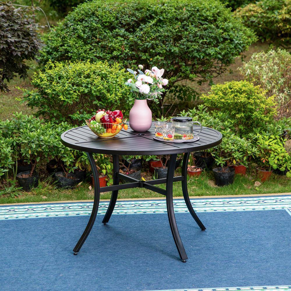 None 6-Piece Metal Patio Outdoor Dining Sets with Red Orange Umbrella