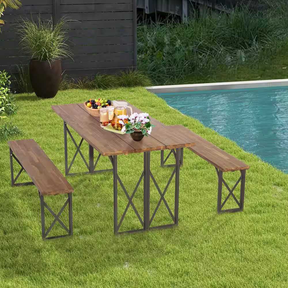 HONEY JOY 3-Piece Wood Picnic Table Bench Set Outdoor Dining Set Camping Table with Seat and 2