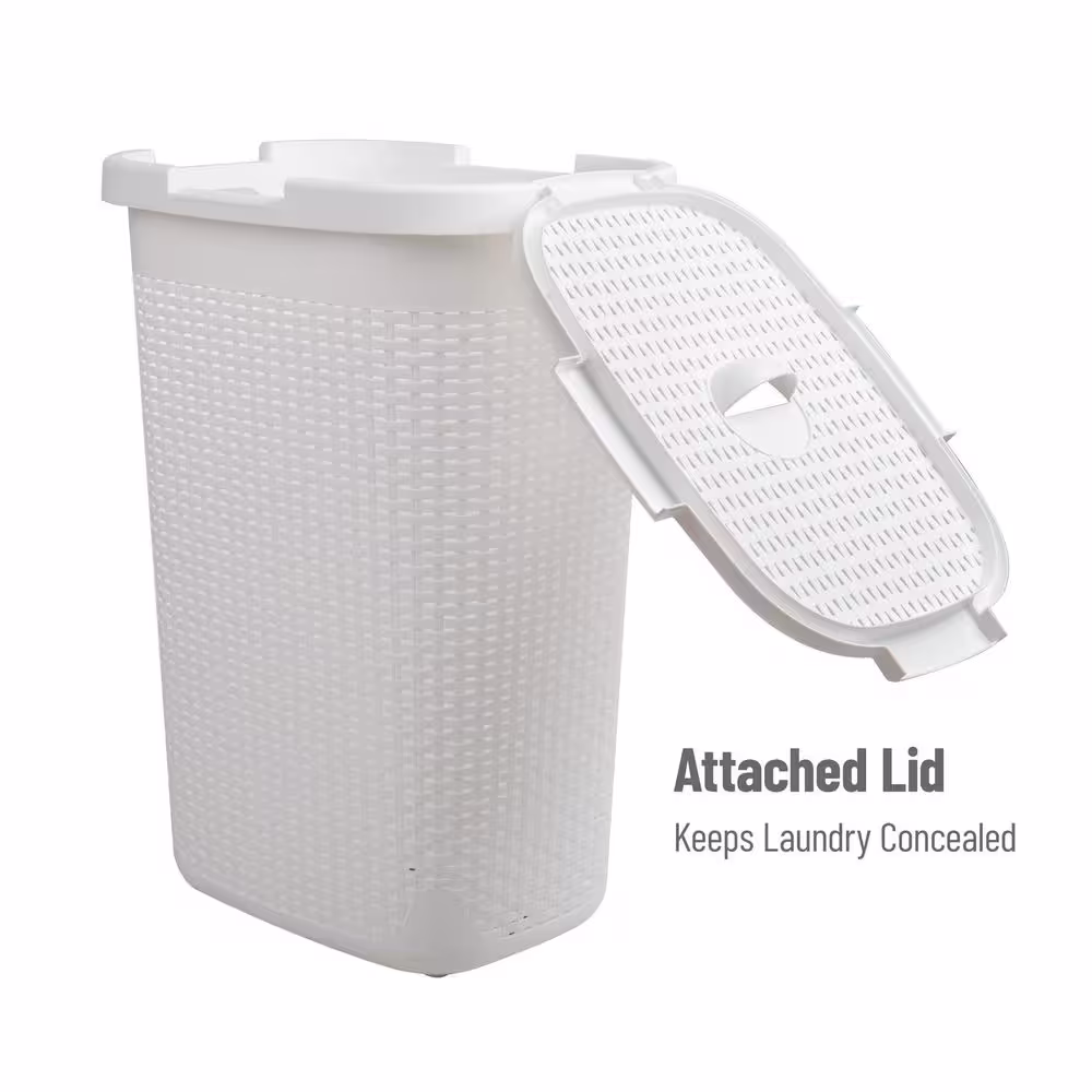 Mind Reader Basket Collection, Plastic Slim Laundry Hamper, 60 Liter (15kg/33lbs) Capacity, Attached Hinged Lid, Set of 2, White
