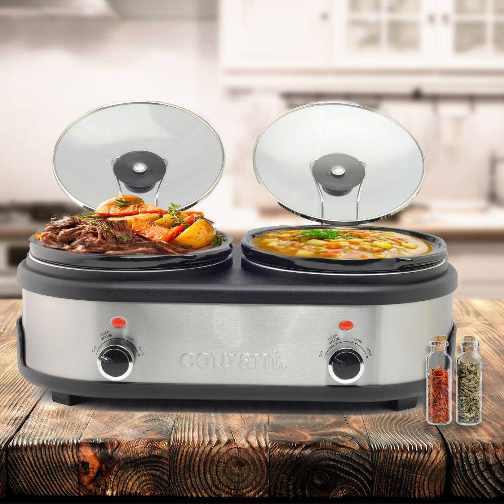 Courant 3.2-qt. Double Slow Cooker 1.6-Qt each with Warm Settings Glass Lids Stainless Steel