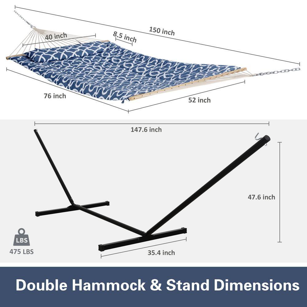 None 10 ft. x 12 ft. Quilted Rope Hammock and 12 ft. Steel Hammock Stand with Detachable Pillow, Blue Pattern