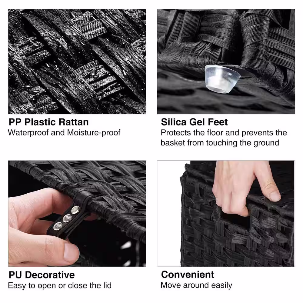 None 110L Rattan Laundry Basket Hamper with 2 Removable Liner Bags Black