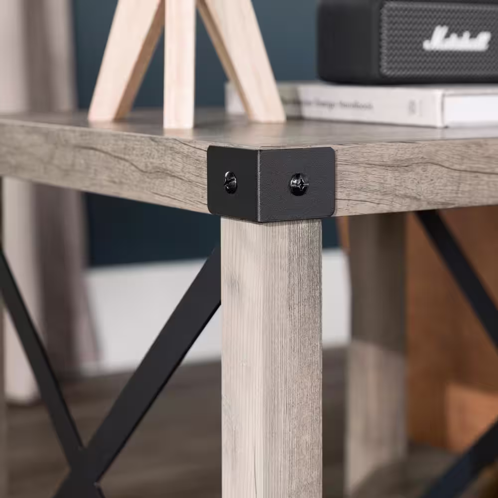 Walker Edison Furniture Company Urban Industrial 18 in. Grey Wash Square Metal X Accent Side Table with Lower Shelf