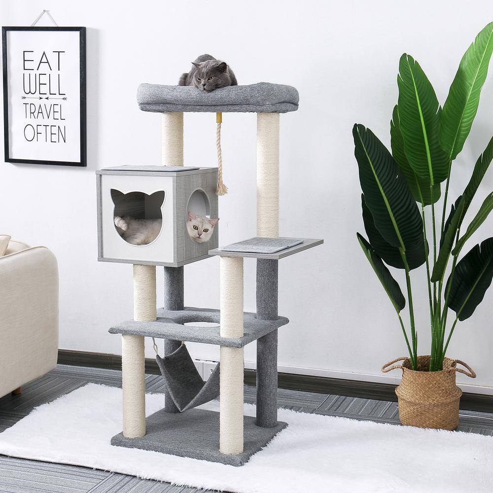 None Cat Tree 52 in. Multi-Level Modern Wooden Cat Tower with Hammock and Scratching Posts and Cat Condo Gray