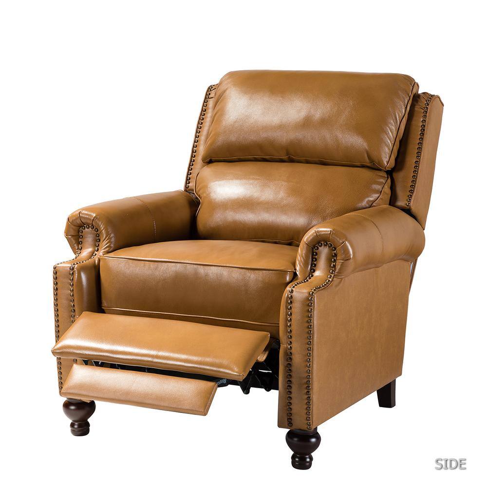 JAYDEN CREATION Elisabete Modern Retro Camel Nail Head Trim Genuine Leather Cigar Recliner with Tapered Birch Wood Legs