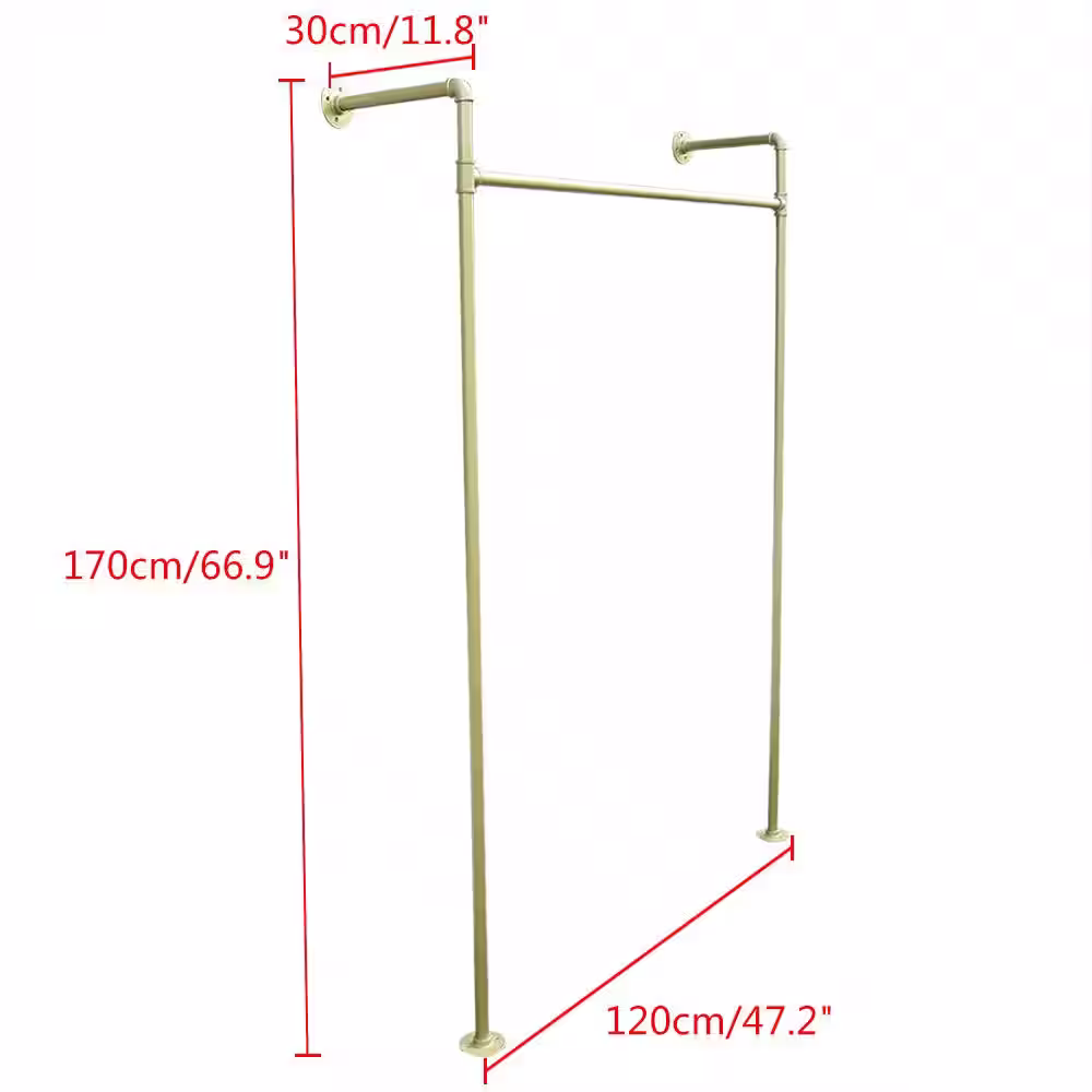 None Gold Iron Clothes Rack Hanging Rod Pipe Wall Mounted Garment Rack 47.2 in. W x 66.9 in. H